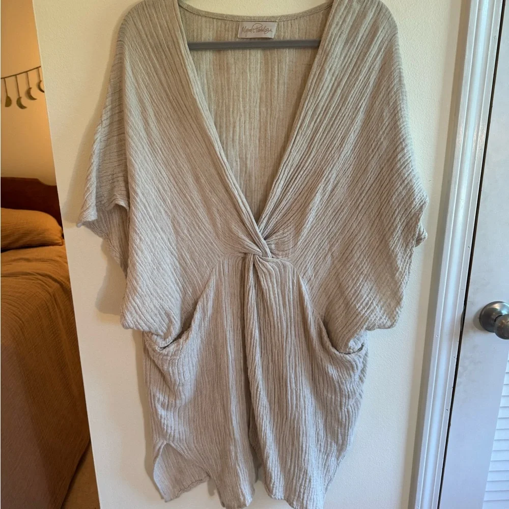 Myrah Penaloza Beige Knot-Front Women's Tunic, dress, mini kaftan